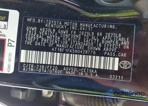 2017 Toyota Camry Se from USA, damaged, VIN 4T1BF1FK5HU428779